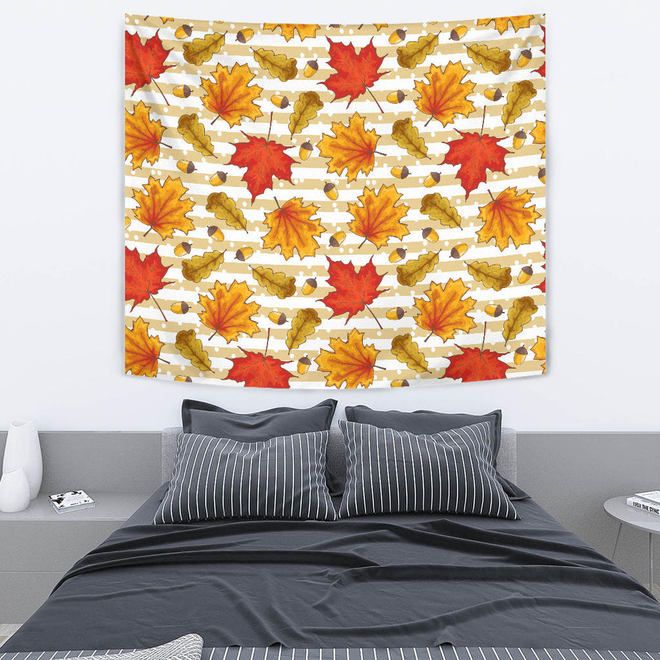 Maple Leaf Oak Leaf Acorns Beige Striped Background Wall Tapestry