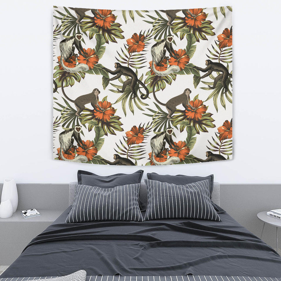 Monkey Red Hibiscus Flower Palm Leaves Floral Pattern Wall Tapestry