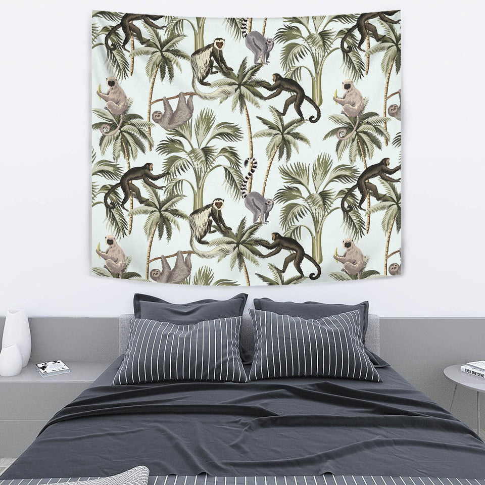 Monkey Sloth Lemur Palm Trees Pattern Wall Tapestry