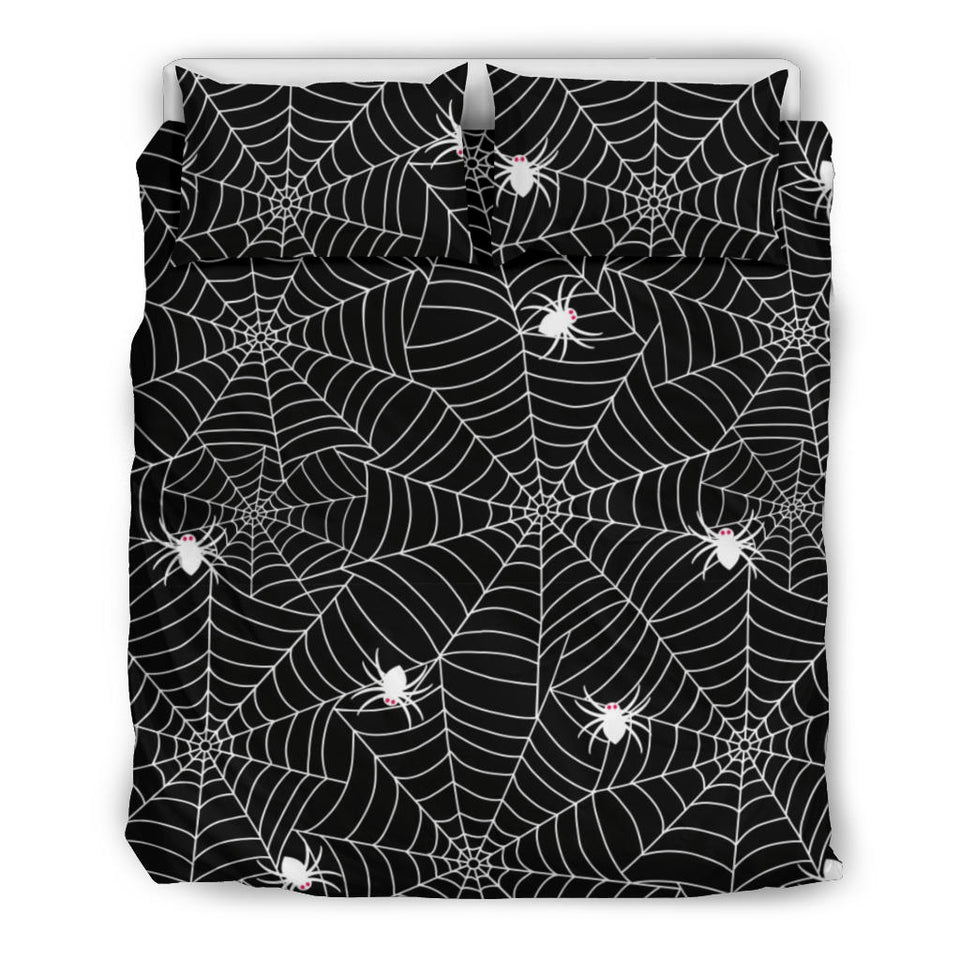 Spider Web Design Pattern Black Background White Cobweb Bedding Set
