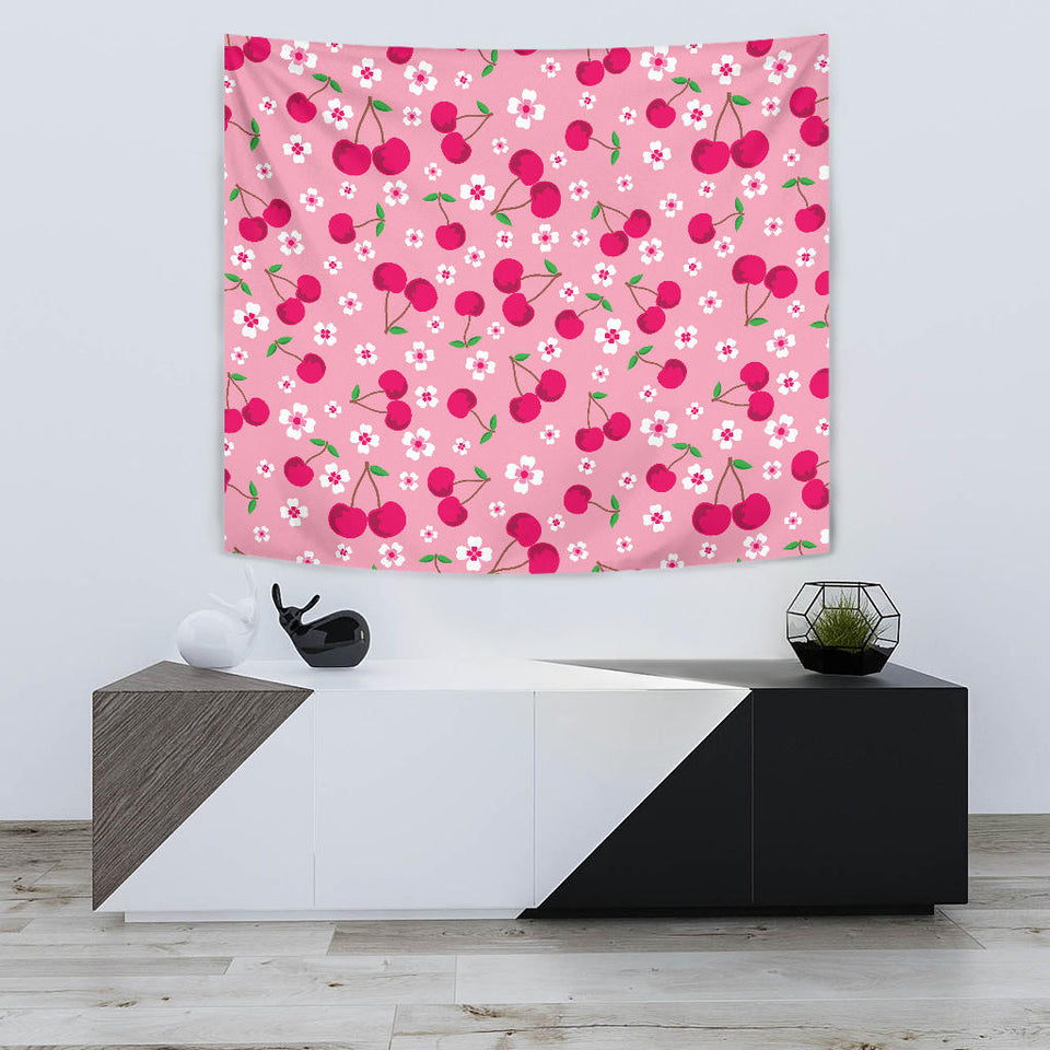 Cherry Flower Pattern Pink Background Wall Tapestry