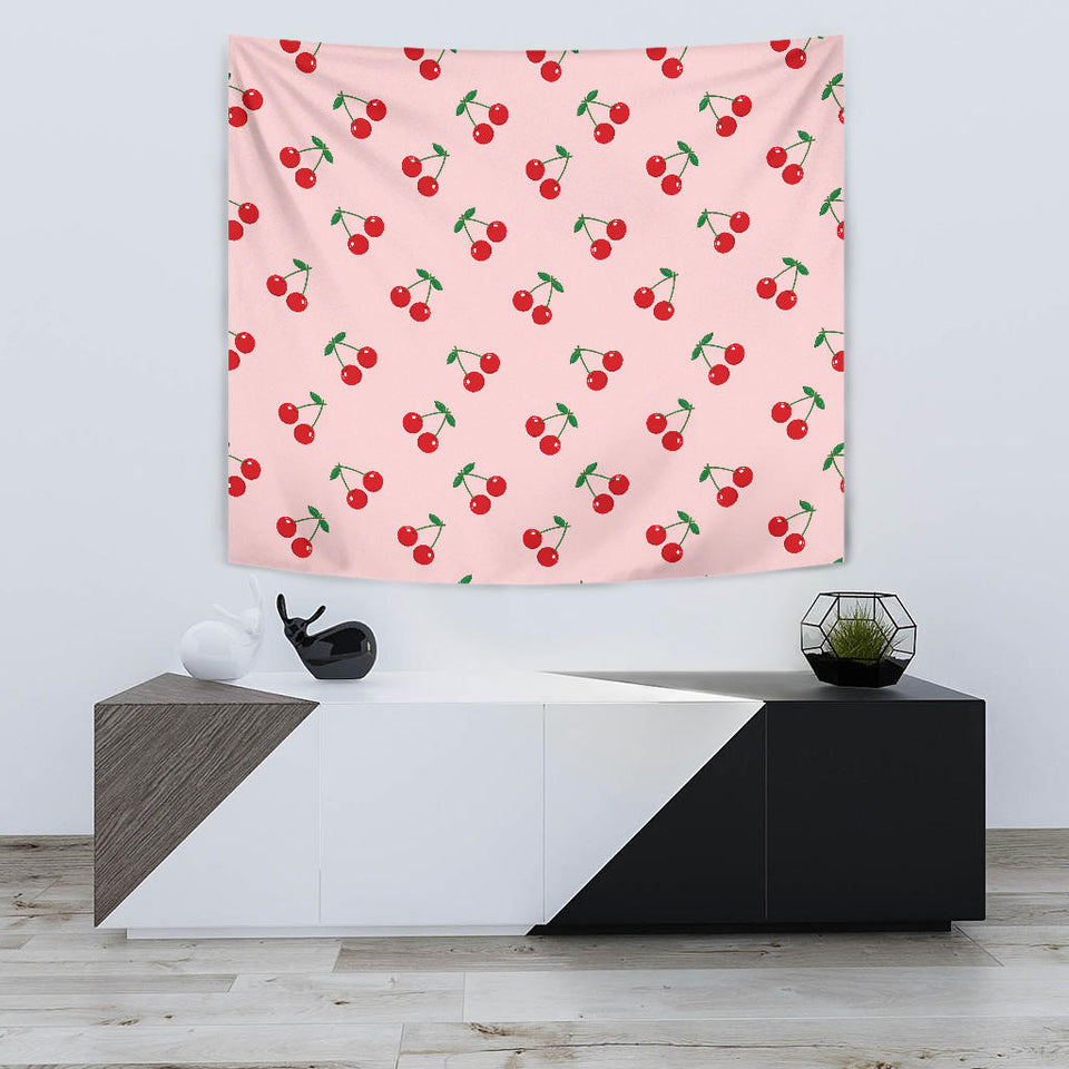 Cherry Pattern Pink Background Wall Tapestry