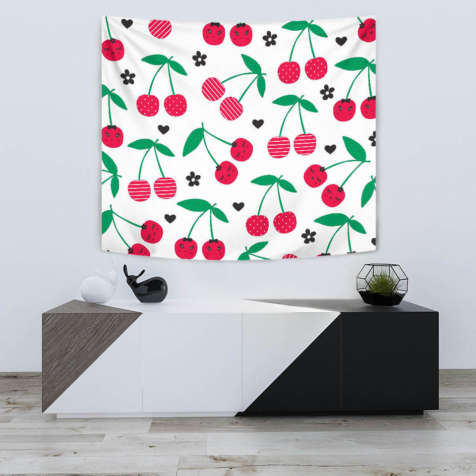 Cherry Pattern White Background Wall Tapestry