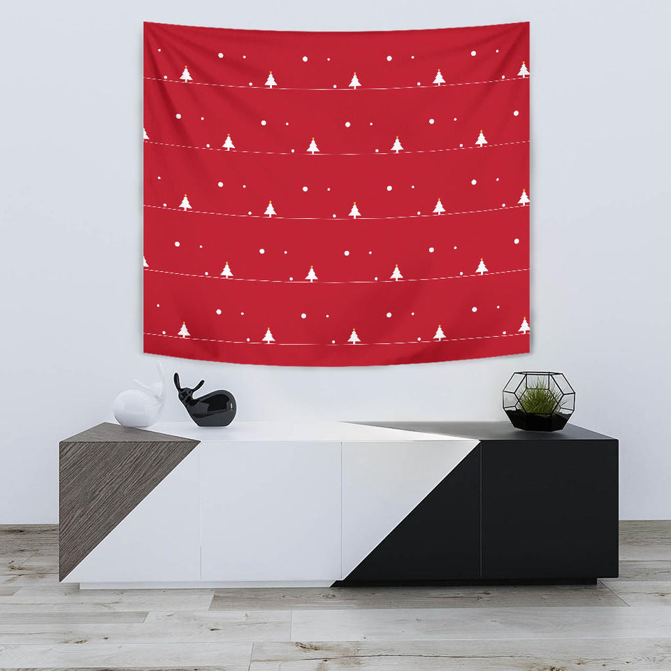 Christmas Tree Star Snow Red Background Wall Tapestry