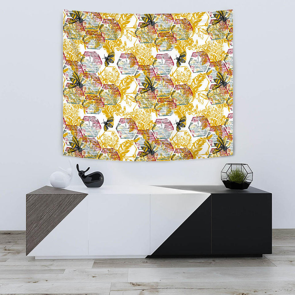 Cool Bee Honeycomb Leaves Pattern Wall Tapestry