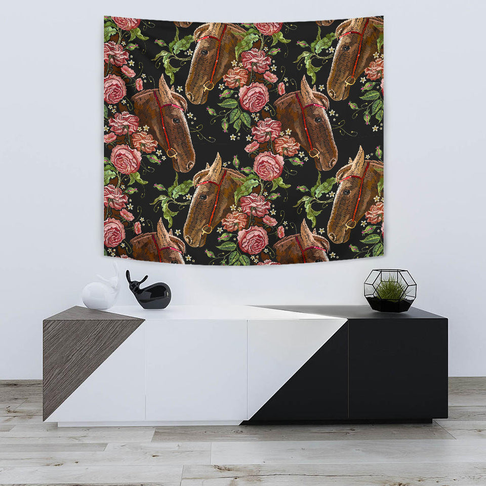 Horse Head Wild Roses Pattern Wall Tapestry