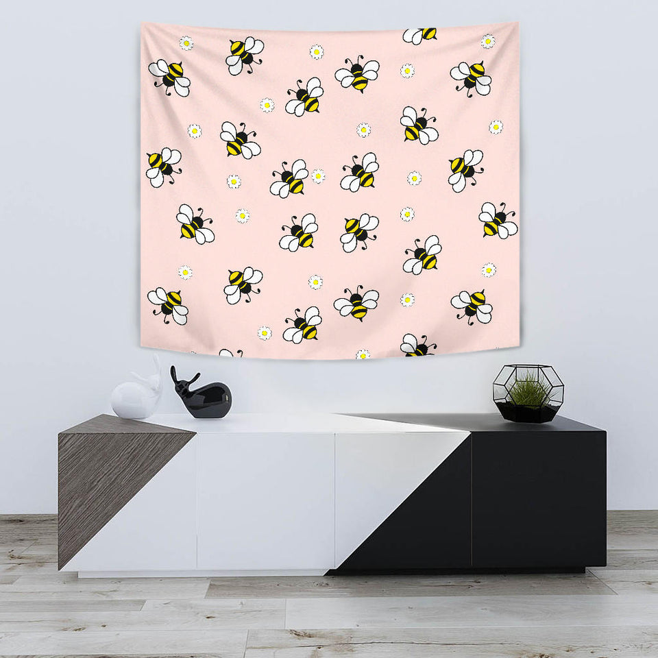 Cute Bee Flower Pattern Pink Background Wall Tapestry