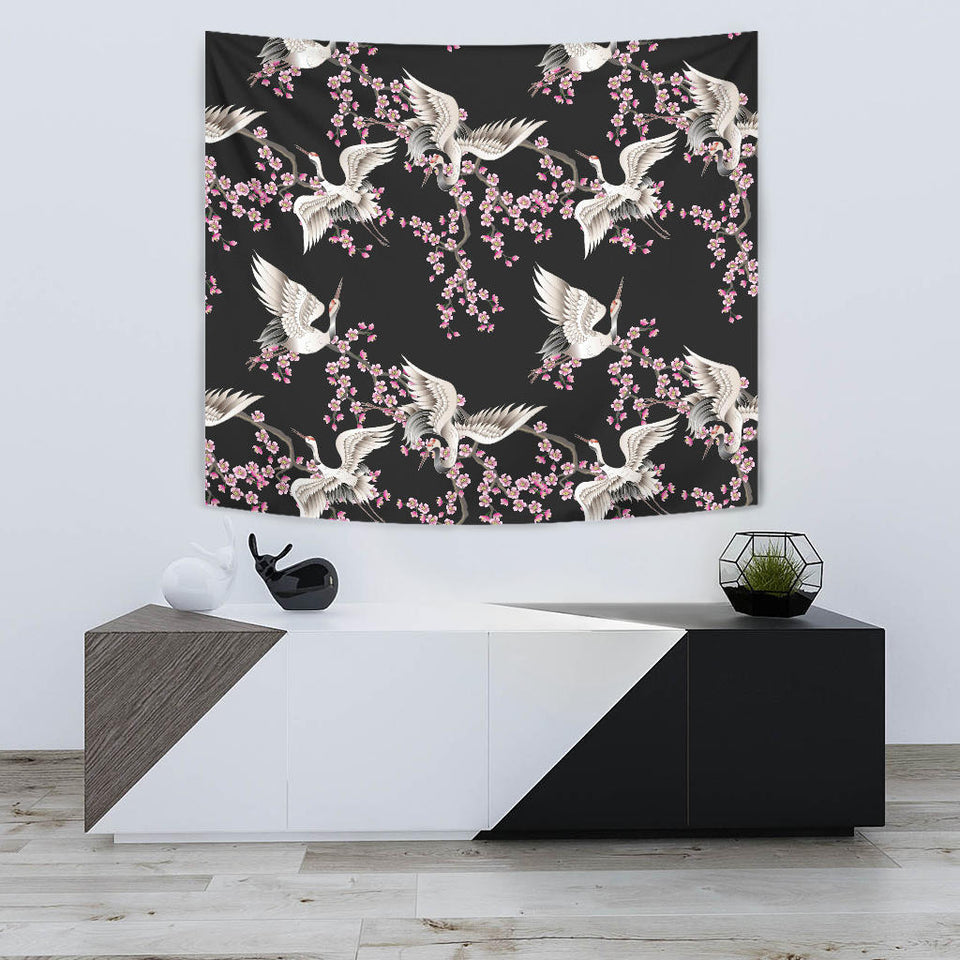 Japanese Crane Pink Sakura Pattern Wall Tapestry