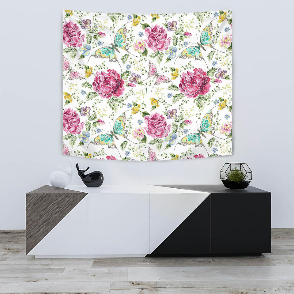 Hand Drawn Butterfly Rose Wall Tapestry