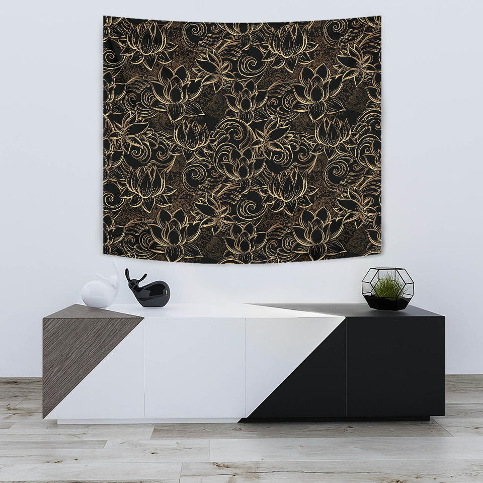 Luxurious Gold Lotus Waterlily Black Background Wall Tapestry