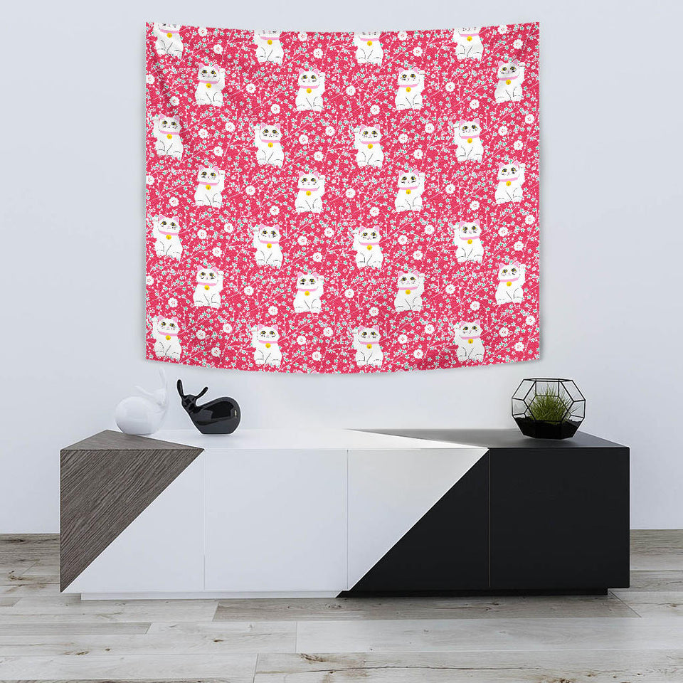 Maneki Neko Lucky Cat Sakura Pink Background Wall Tapestry