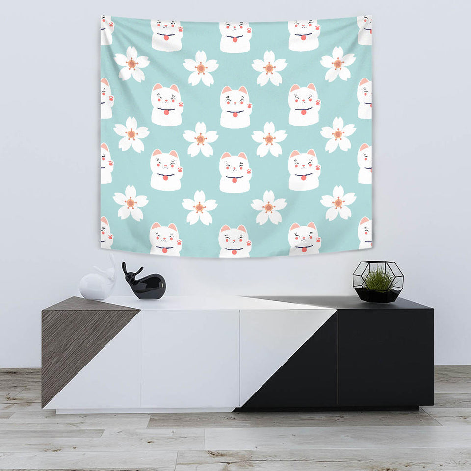 Maneki Neko Lucky Cat Sakura Wall Tapestry