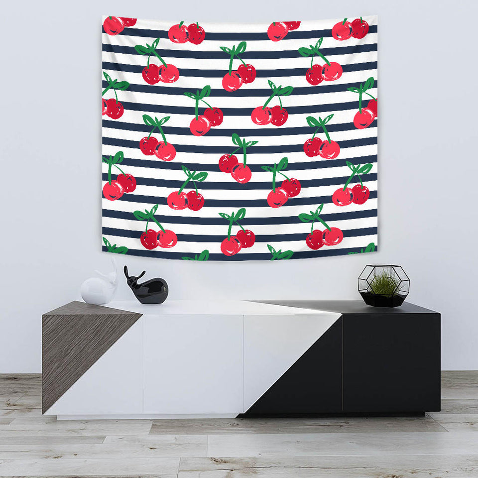 Hand Drawn Cherry Pattern Striped Background Wall Tapestry