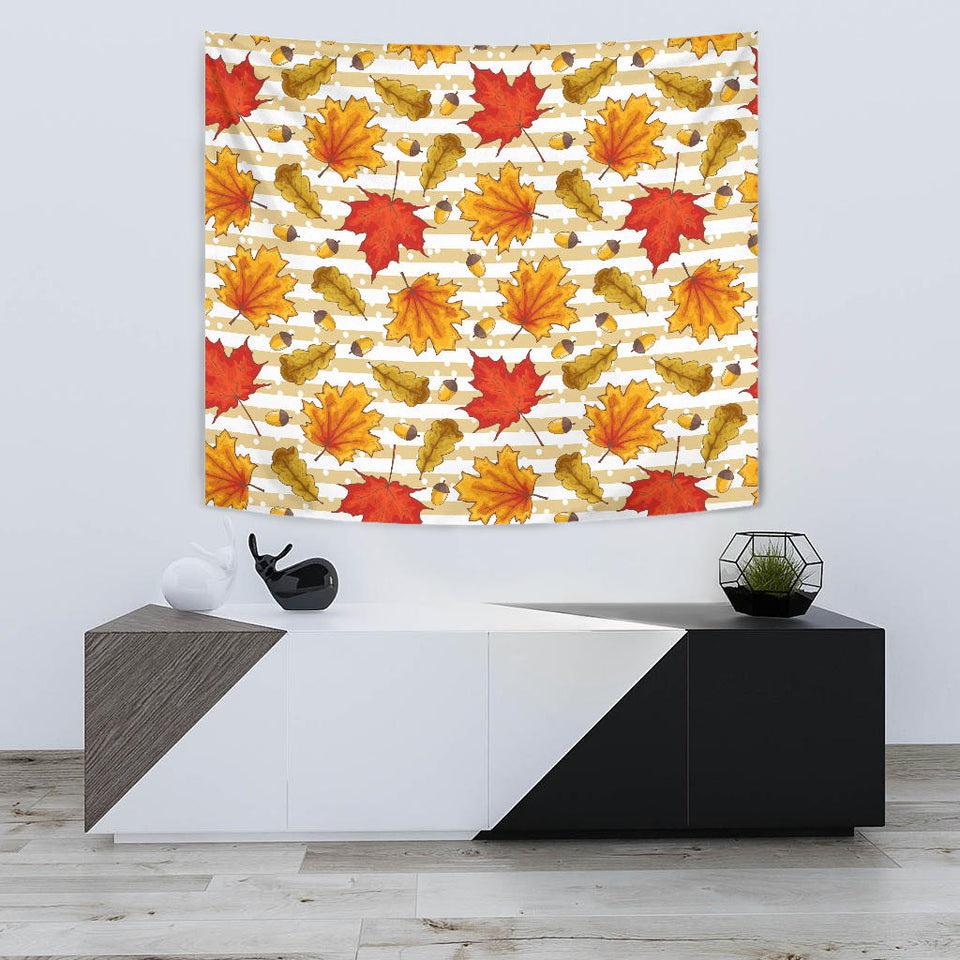 Maple Leaf Oak Leaf Acorns Beige Striped Background Wall Tapestry