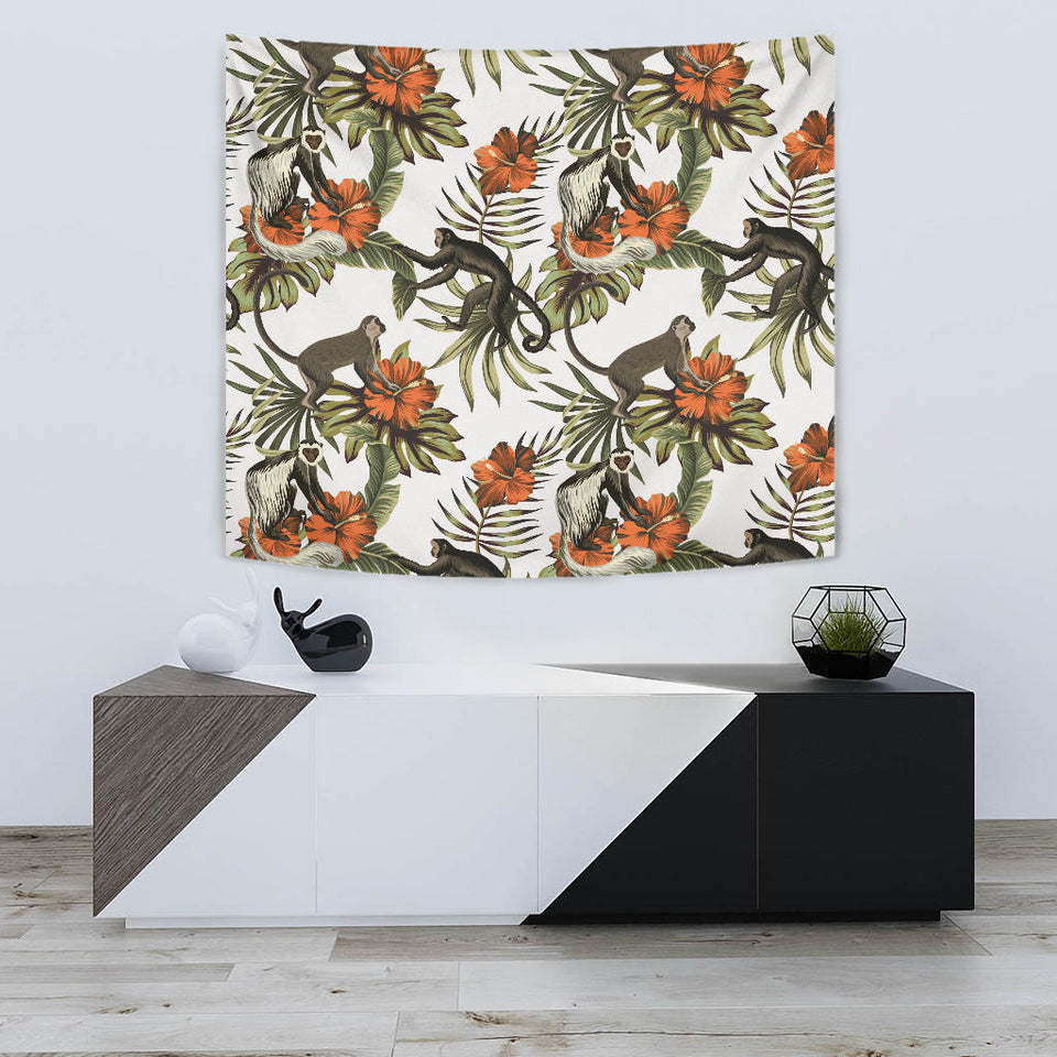 Monkey Red Hibiscus Flower Palm Leaves Floral Pattern Wall Tapestry