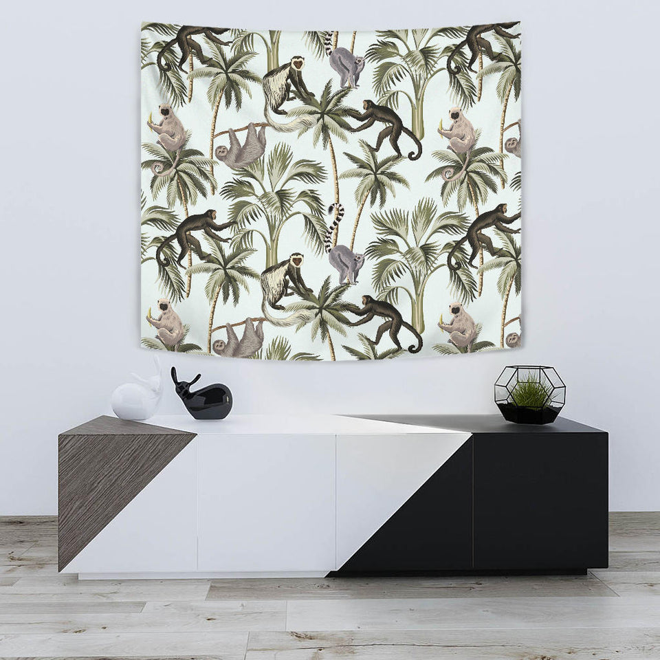Monkey Sloth Lemur Palm Trees Pattern Wall Tapestry