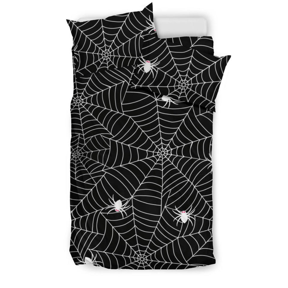 Spider Web Design Pattern Black Background White Cobweb Bedding Set