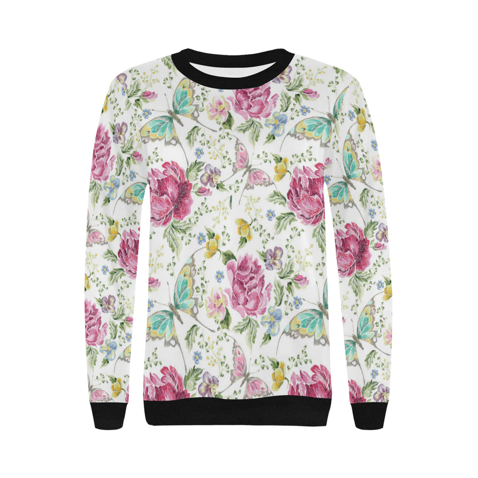 Hand drawn butterfly rose Women's Crew Neck Sweatshirt