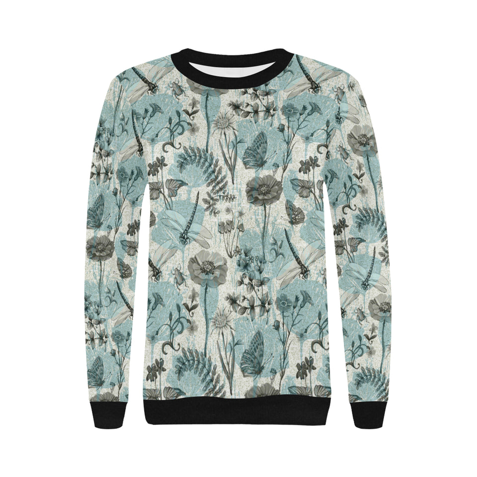 Dragonfly Butterfly Plants insect flower vintage s Women's Crew Neck Sweatshirt