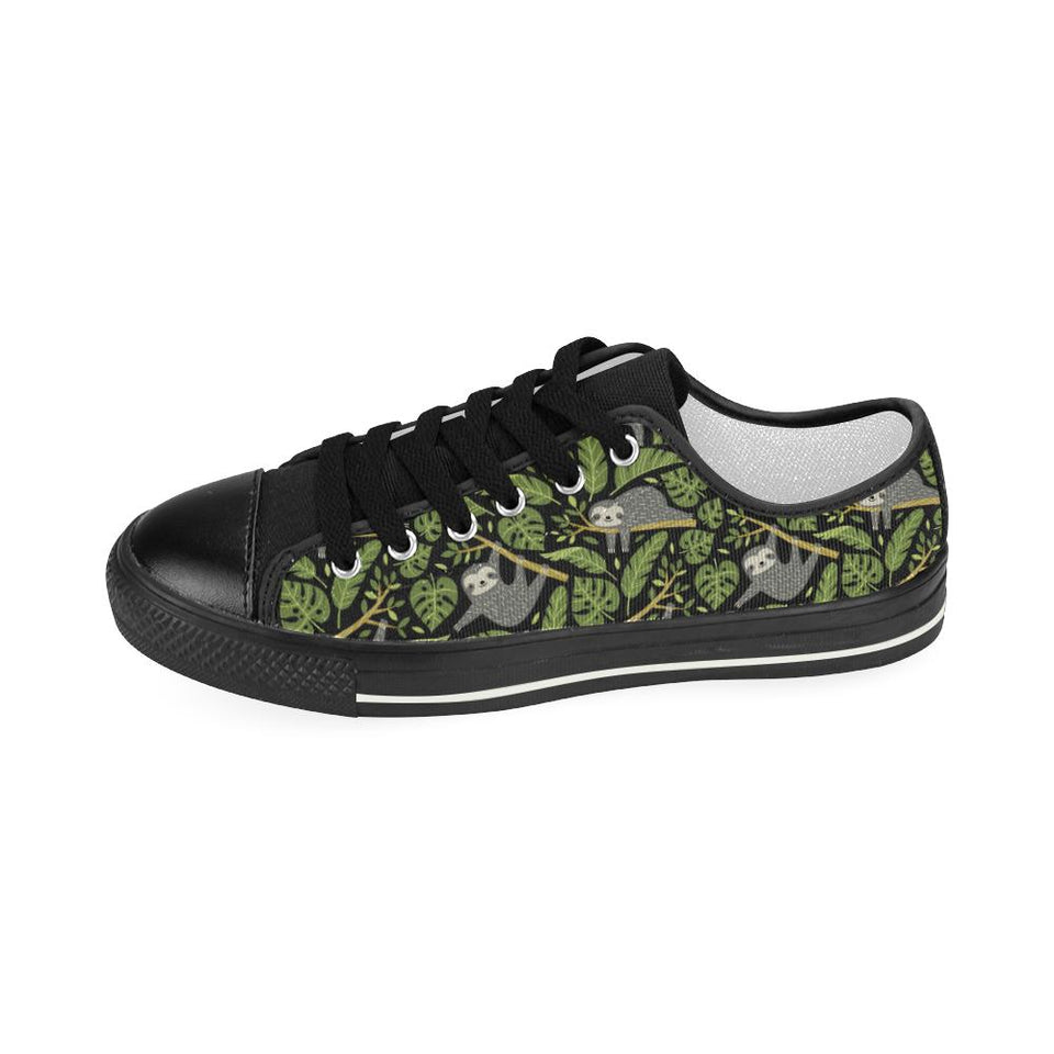 Cute sloths tropical palm leaves black background Kids' Boys' Girls' Low Top Canvas Shoes Black
