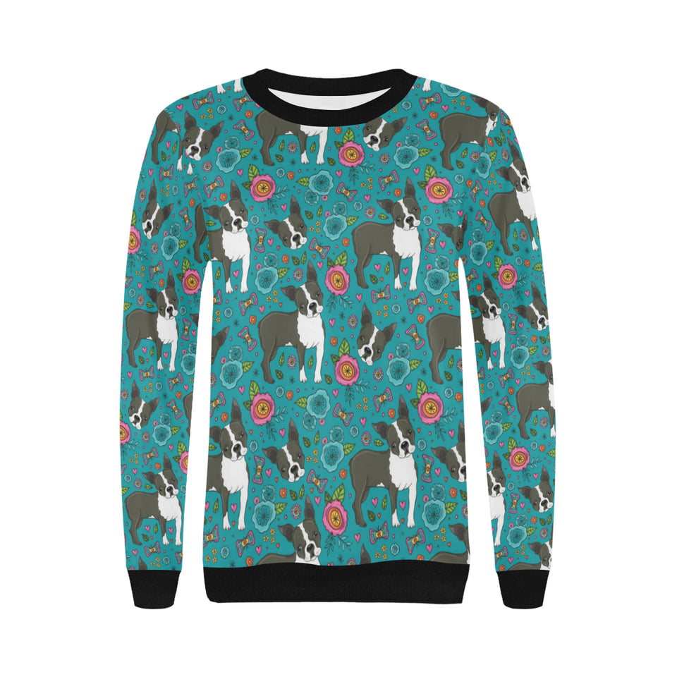 Boston terrier beautiful flower pattern Women's Crew Neck Sweatshirt