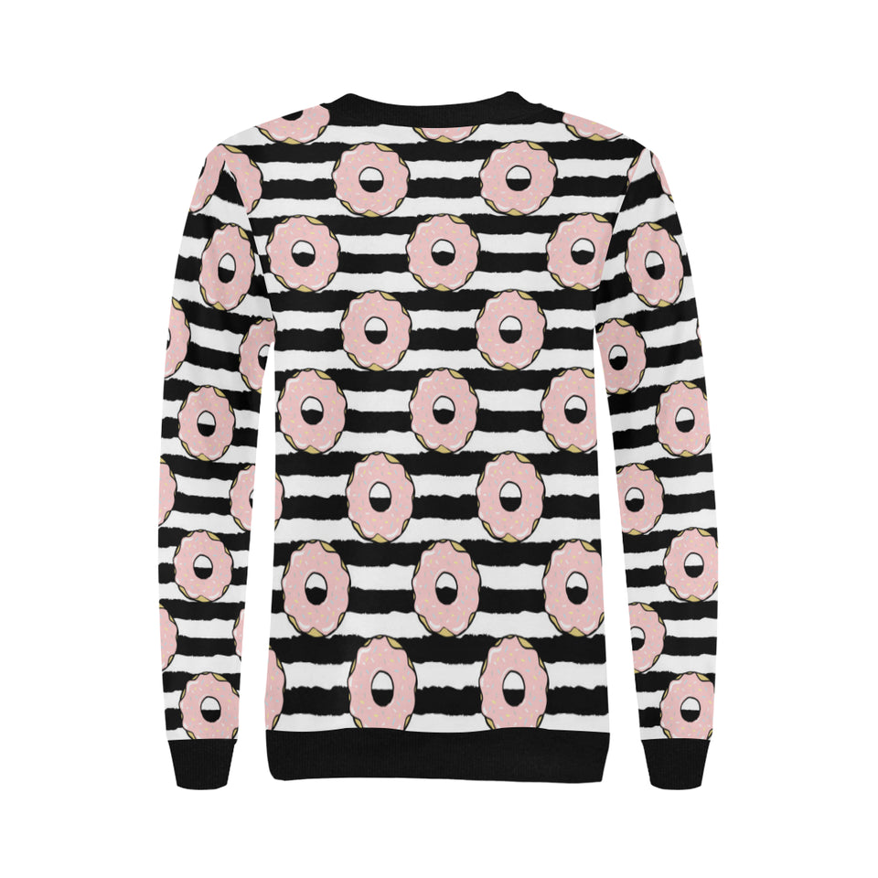 Donuts pink icing striped pattern Women's Crew Neck Sweatshirt