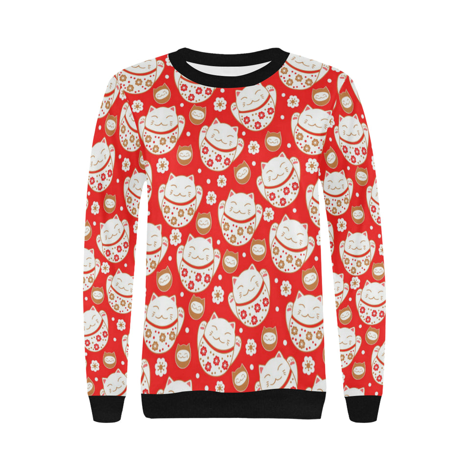 Cute Maneki neko cat red background Women's Crew Neck Sweatshirt
