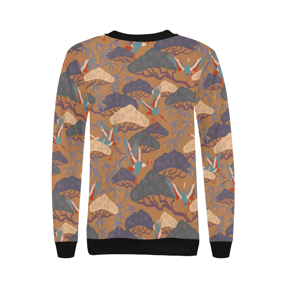 Bonsai bamboo stork japanese pattern brown theme Women's Crew Neck Sweatshirt