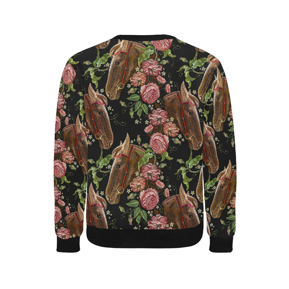 Horse head wild roses pattern Men's Crew Neck Sweatshirt