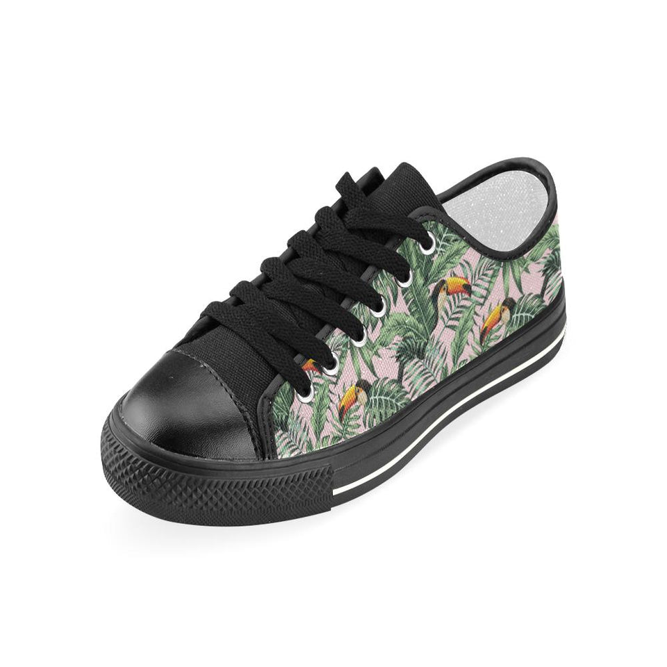 Toucan tropical green jungle palm pattern Kids' Boys' Girls' Low Top Canvas Shoes Black