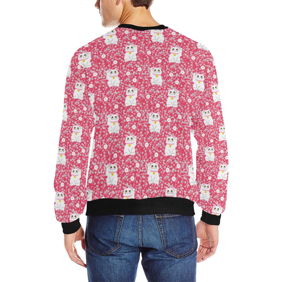 Maneki neko cat sakura pink background Men's Crew Neck Sweatshirt