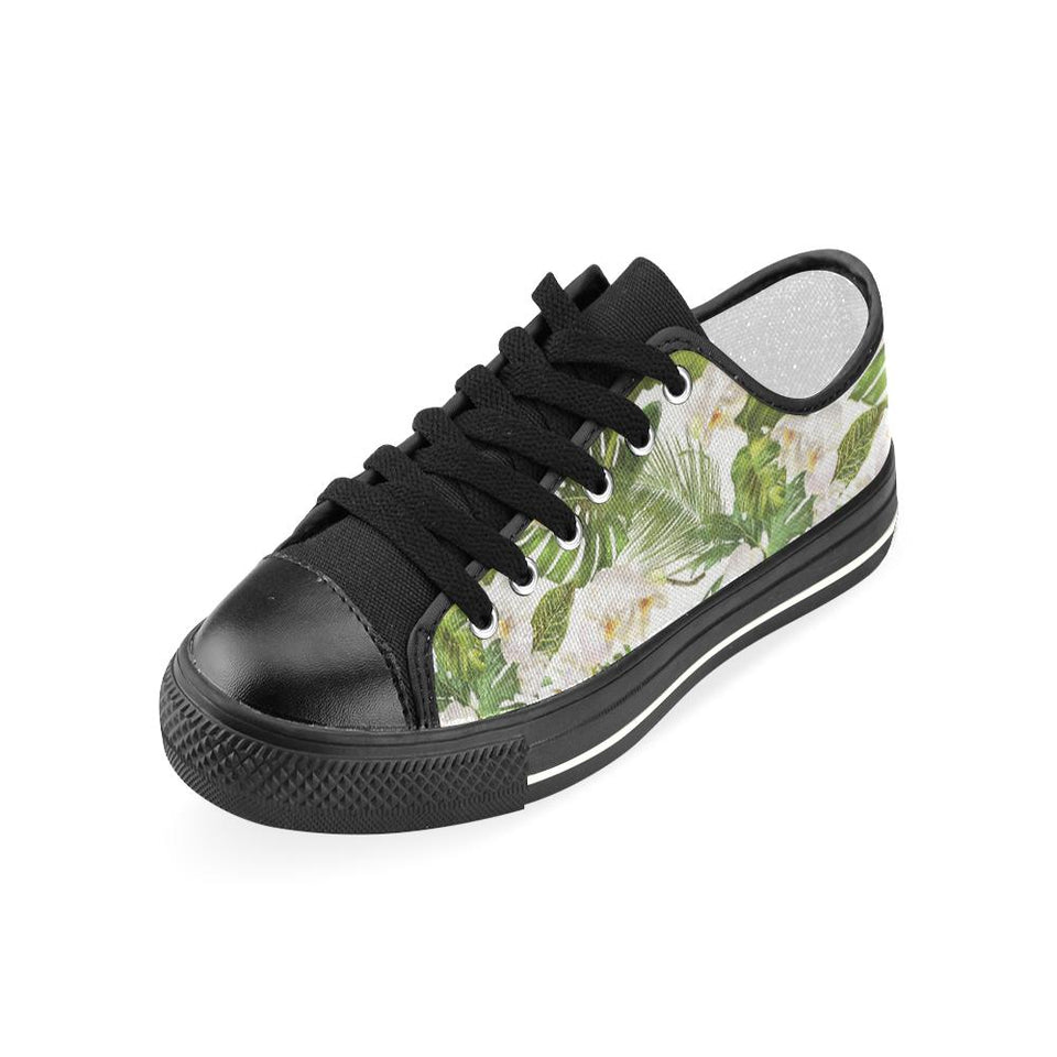 White orchid flower tropical leaves pattern Kids' Boys' Girls' Low Top Canvas Shoes Black