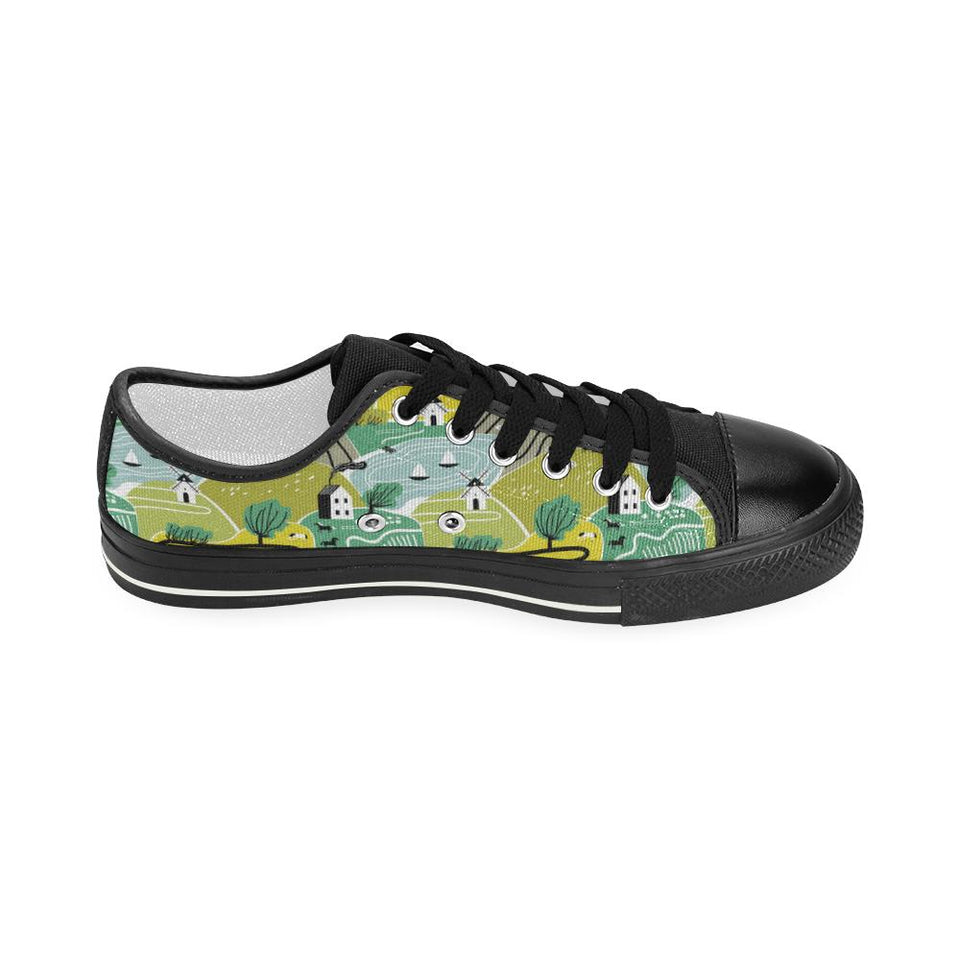 Hand drawn windmill pattern Kids' Boys' Girls' Low Top Canvas Shoes Black