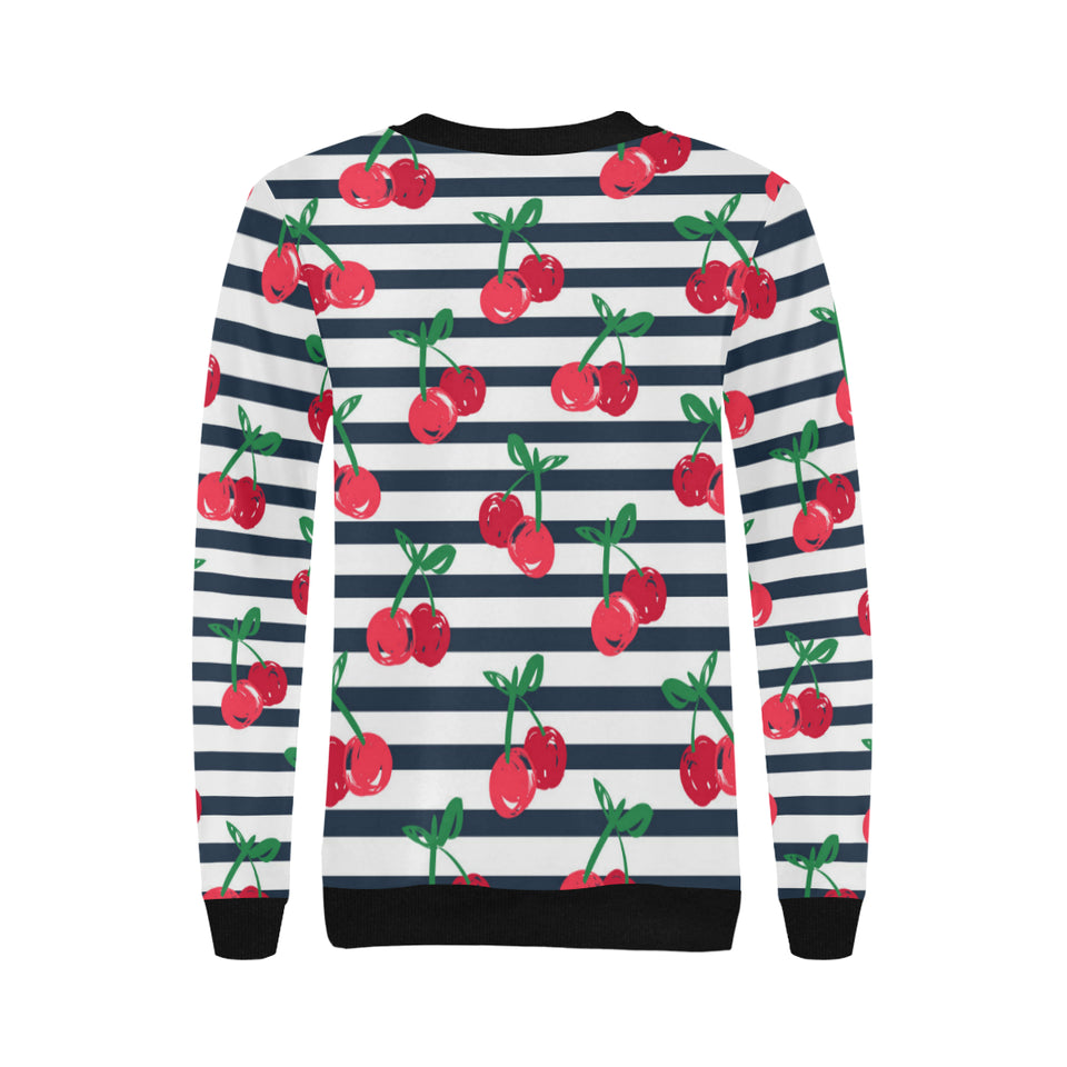 Hand drawn cherry pattern striped background Women's Crew Neck Sweatshirt