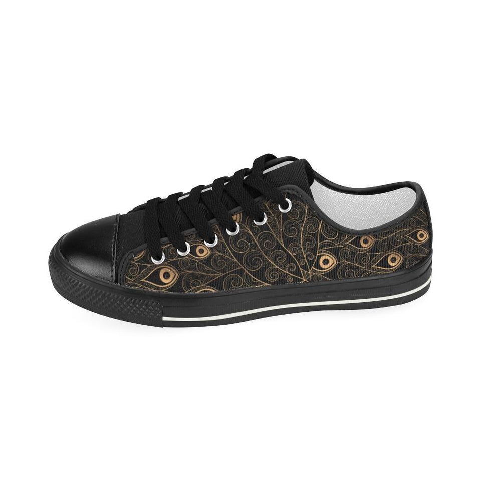 Gold peacock feather pattern Kids' Boys' Girls' Low Top Canvas Shoes Black