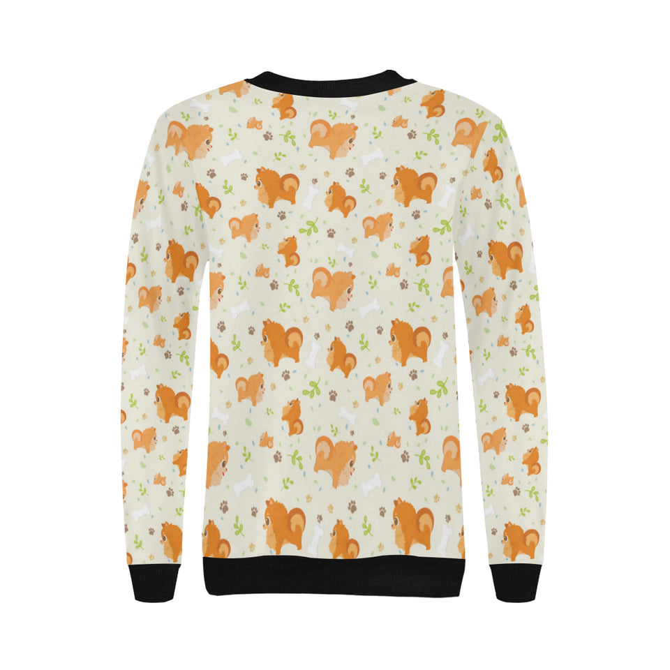 Cute brown pomeranian paw leave bone pattern Women's Crew Neck Sweatshirt