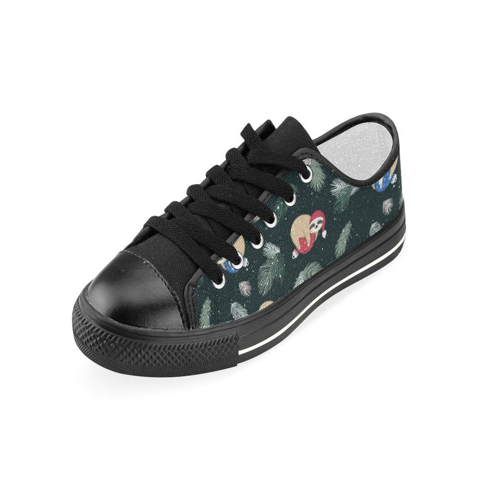 Cute sloths sleeping christmas ball santa hat patt Kids' Boys' Girls' Low Top Canvas Shoes Black