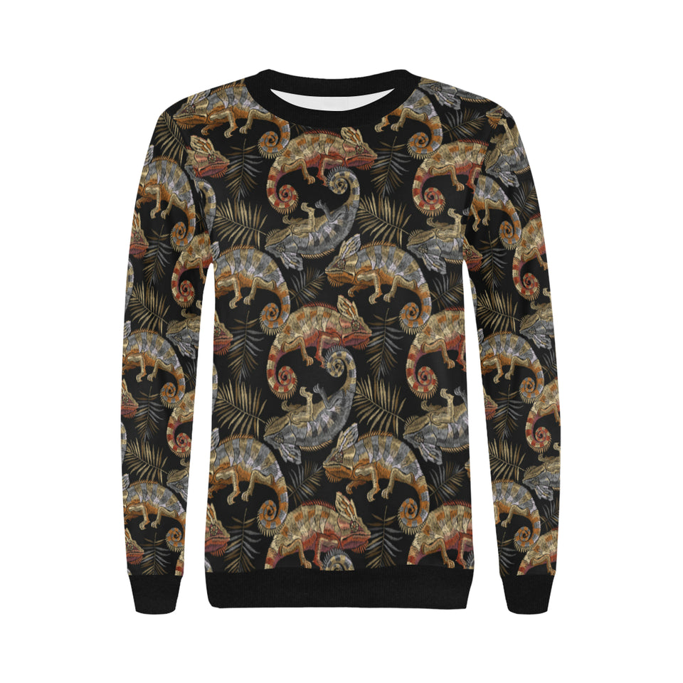Chameleon lizard tropical leaves palm tree Women's Crew Neck Sweatshirt