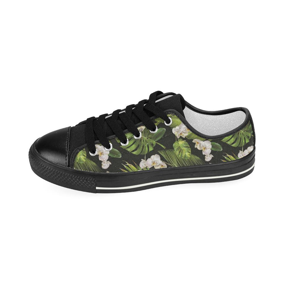 White orchid flower tropical leaves pattern blackg Kids' Boys' Girls' Low Top Canvas Shoes Black