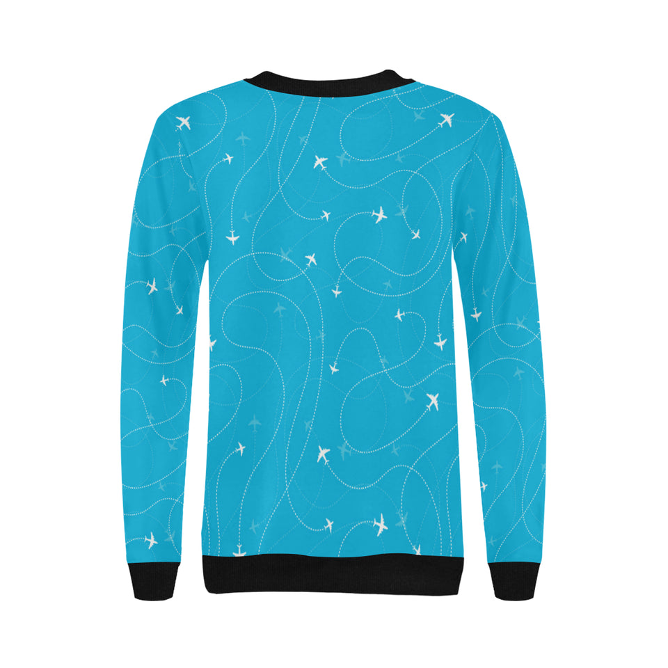 Airplane destinations blue background Women's Crew Neck Sweatshirt