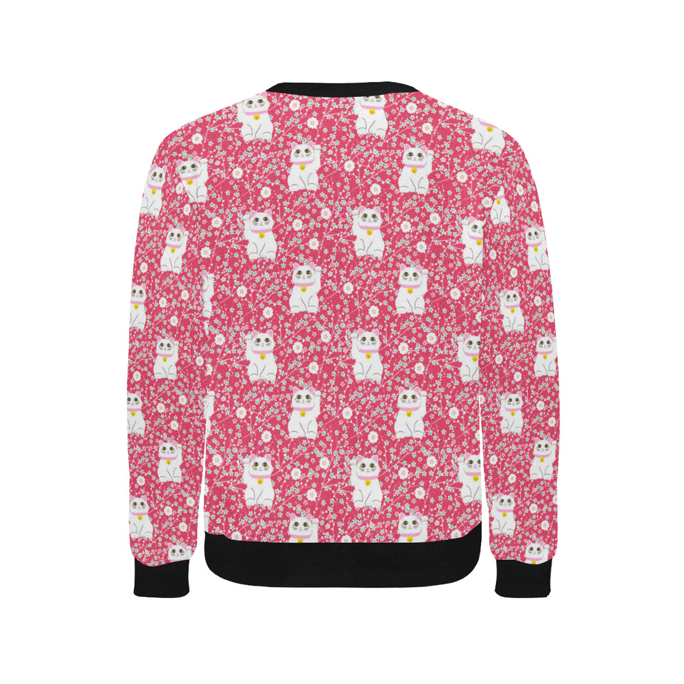 Maneki neko cat sakura pink background Men's Crew Neck Sweatshirt
