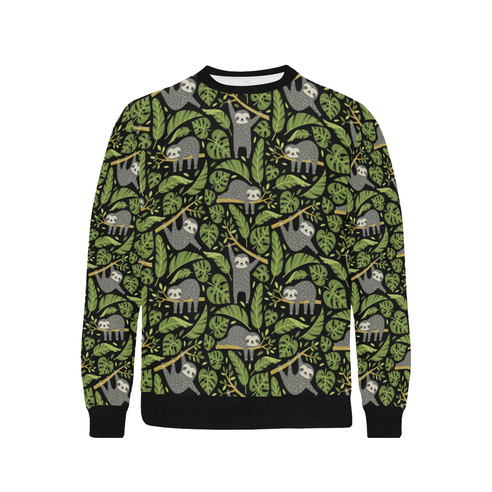 Cute sloths tropical palm leaves black background Men's Crew Neck Sweatshirt