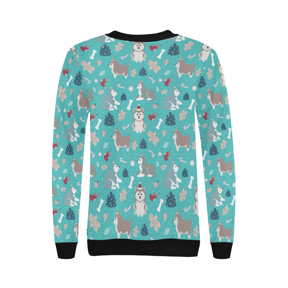 Christmas cute siberian husky puppie pattern Women's Crew Neck Sweatshirt