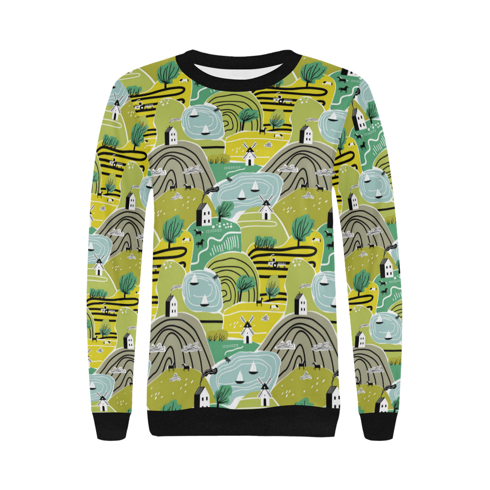 Hand drawn windmill pattern Women's Crew Neck Sweatshirt