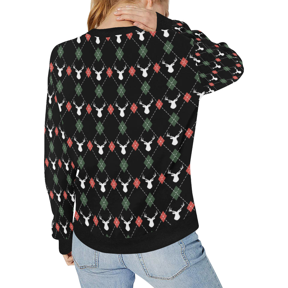 Deer Christmas new year pattern argyle Women's Crew Neck Sweatshirt