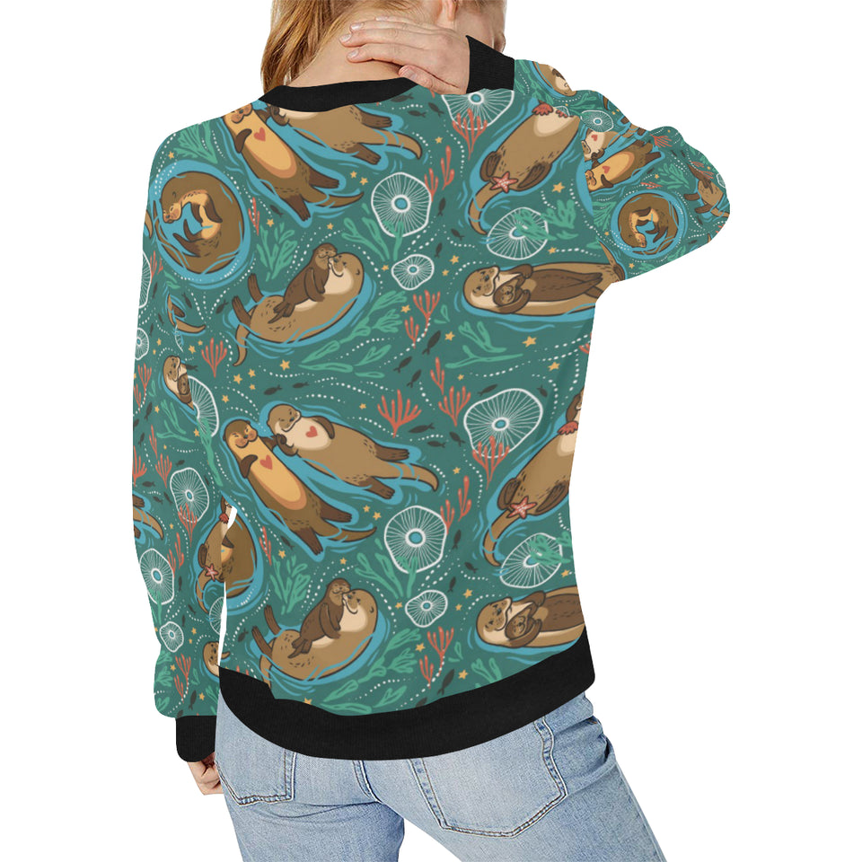 cute brown sea otters ornamental seaweed corals gr Women's Crew Neck Sweatshirt