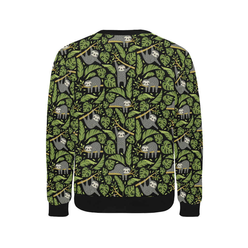 Cute sloths tropical palm leaves black background Men's Crew Neck Sweatshirt