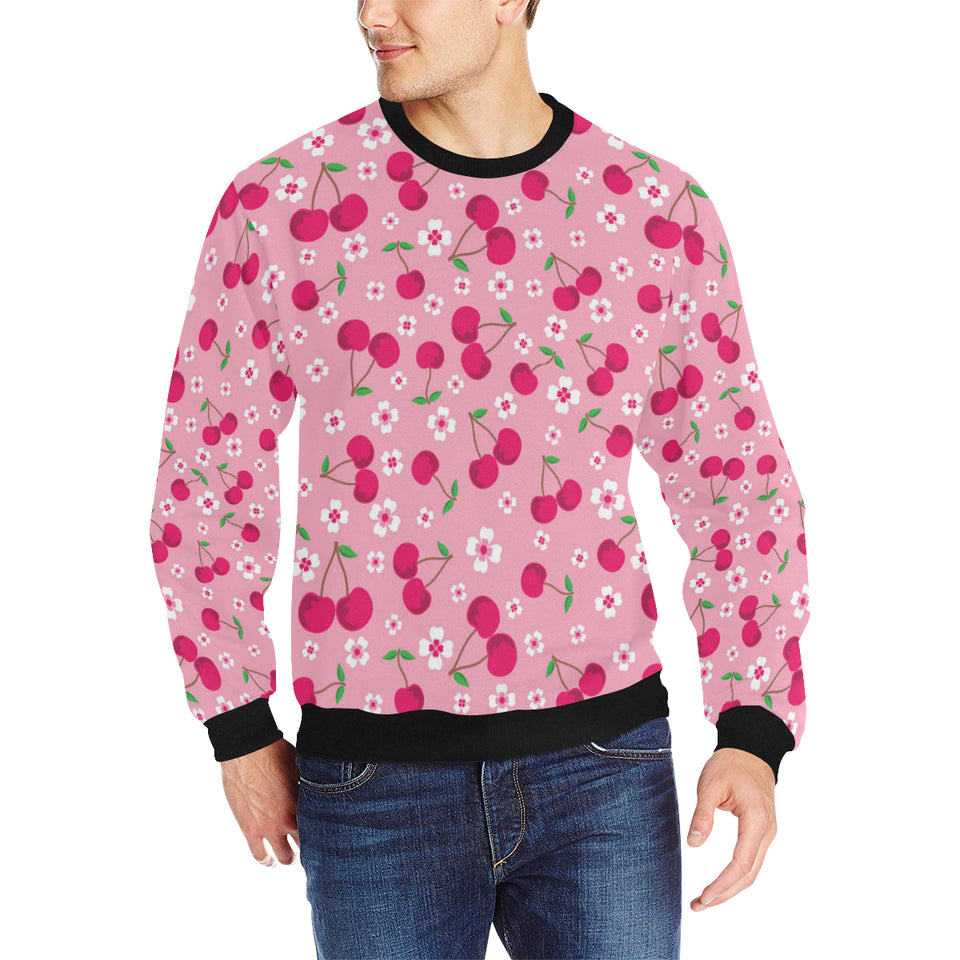 cherry flower pattern pink background Men's Crew Neck Sweatshirt