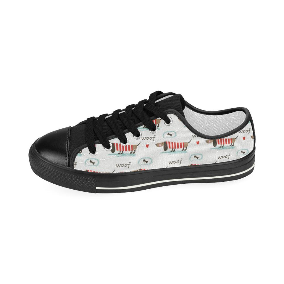 Cute dachshund bone pattern Kids' Boys' Girls' Low Top Canvas Shoes Black