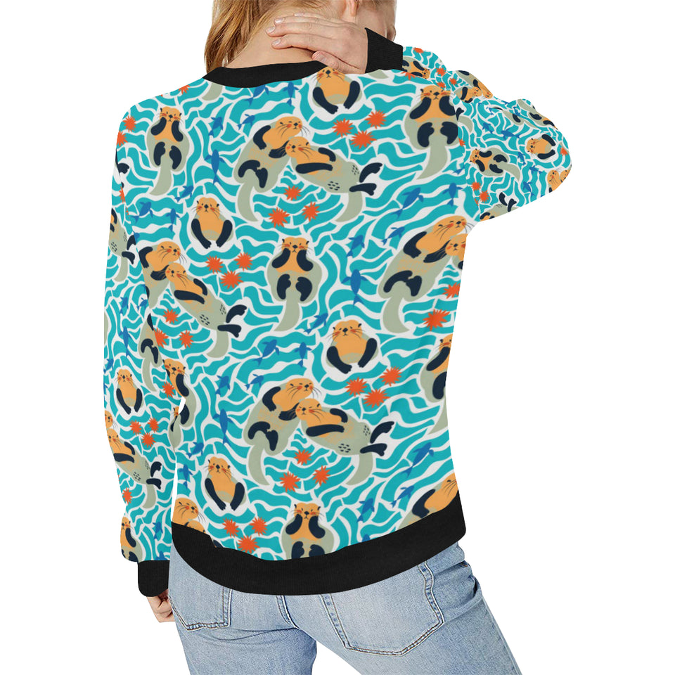 Cute sea otters fishe sea urchin pattern Women's Crew Neck Sweatshirt